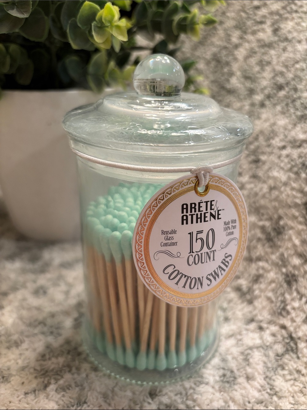 Arete & Athene Mint Cotton Swabs in Reusable Glass Jar - 150 Count NWT Core Home